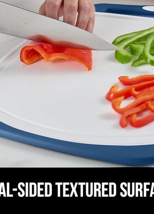 GORILLA GRIP BPA-Free Reversible Kitchen Cutting Board Set of 3, US Designed, Nonporous, Juice Grooves Catch Liquid, Slip Resistant Border, Dishwasher Safe, Durable Large Food Chopping Boards, Blue