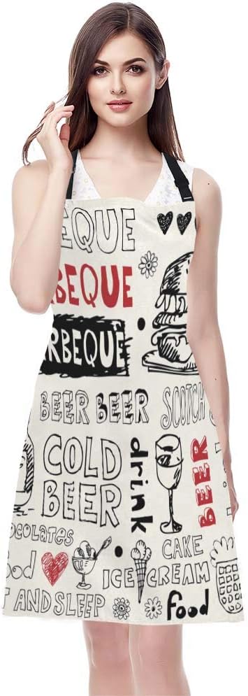 EKOBLA Barbecue Aprons Cold Beer Scotch Food Ice Cream Cake Sandwich Drink Burger Waterproof Resistant Chef Cooking Kitchen BBQ Adjustable Aprons for Women Men 27x31 Inch