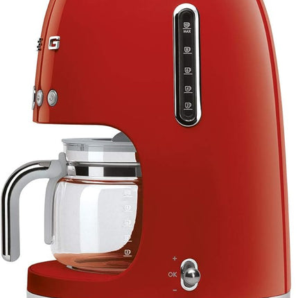 Smeg 50's Retro Style Aesthetic Drip Coffee Machine with 10 Cup Glass Carafe, Auto Start Feature, Keep Warm Plate, and Two Coffee Strength Settings (Red)