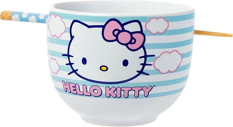 Silver Buffalo Sanrio Hello Kitty Blue and Pink Skies Ceramic Ramen Noodle Rice Bowl with Chopsticks, Microwave Safe, 20 Ounces