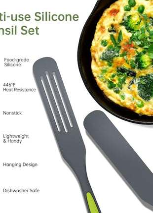 Silicone Spurtle Cooking Utensil Set: Heat Resistant Non Stick Silicone Spatula Tools for Cooking - Non Scratch Cookware & BPA Free for Stir Fry, Spread, Stir