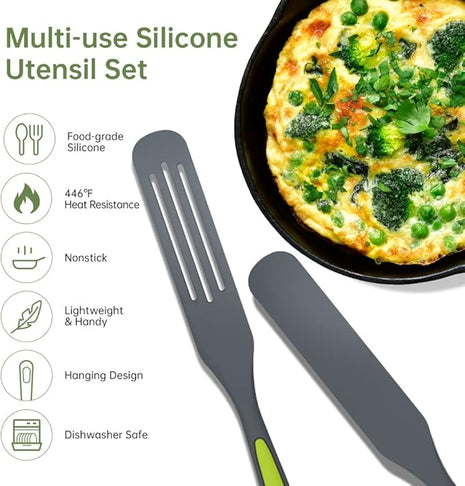 Silicone Spurtle Cooking Utensil Set: Heat Resistant Non Stick Silicone Spatula Tools for Cooking - Non Scratch Cookware & BPA Free for Stir Fry, Spread, Stir