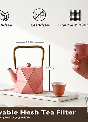 Toptier Cast Iron Teapot, Stovetop Safe Japanese Cast Iron Tea Kettle, Diamond Design Tea Pot with Removable Infuser for Loose Tea, 30 Ounce (900 ml), Pink