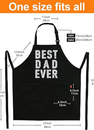 BBQ Funny Apron for Men - Best Dad Ever - Chef Bib Apron with 2 Pockets, Adjustable Neck Strap and 40" Long Ties - Best for Kitchen Cooking, Grilling, Baking, Gardening - Black