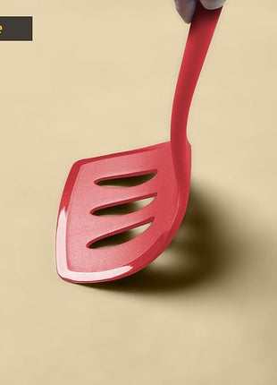 Silicone Pancake Spatula Turner with Lengthened Handle& Seamless Design, Heat Resistant Slotted Flipper for Nonstick Cookware, Large Flexible Kitchen Utensils for Egg, Pancake, Burger, Red