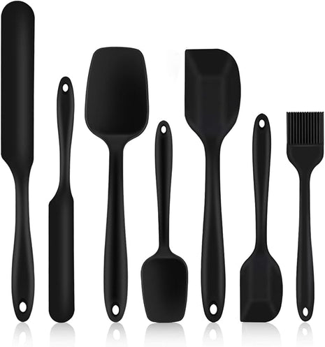 Silicone Spatula Set of 7, P&P CHEF Heat-Resistant Rubber Spatulas Kitchen Utensils Set for Non-stick Cooking Baking Mixing, Seamless & Flexible Design, Dishwasher Safe, Black