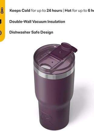 RTIC 20oz Essential Tumbler with Lid, Ceramic Lined, Insulated, Stainless Steel, Metal, Double Wall Vacuum-Insulation, Travel Cup for Iced Coffee, Tea, Hot and Cold Drink, Plum