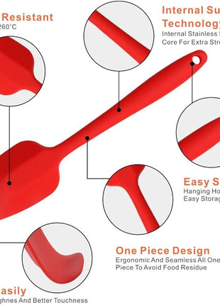 Silicone Spatulas Set, Rubber Spoon Spatula Heat Resistant Spoonula One Piece Design Seamless Spatula Non-Stick Scrapers Baking Mixing Tool (Red Set)