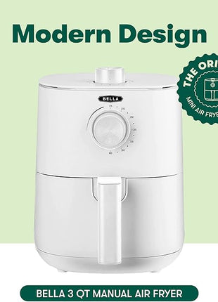 BELLA 2.9QT Manual Air Fryer, No Pre-Heat Needed, No-Oil Frying, Fast Healthy Evenly Cooked Meal Every Time, Removeable Dishwasher Safe Non Stick Pan and Crisping Tray for Easy Clean Up, Matte White