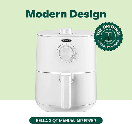BELLA 2.9QT Manual Air Fryer, No Pre-Heat Needed, No-Oil Frying, Fast Healthy Evenly Cooked Meal Every Time, Removeable Dishwasher Safe Non Stick Pan and Crisping Tray for Easy Clean Up, Matte White