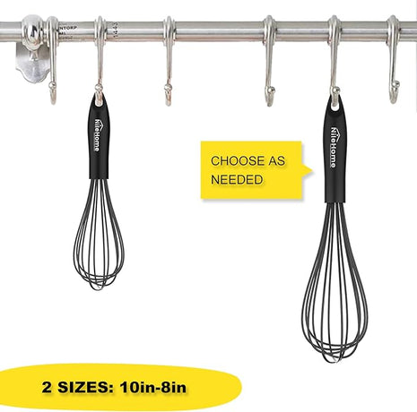 NileHome Silicone Whisk Set 10" 12" Kitchen Whisk Kitchen Wisk Wire Whisks for Cooking, Whisking, Blending, Beating, Stirring-Black