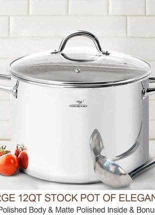 HOMICHEF 12 Quart LARGE Stock Pot with Glass Lid - NICKEL FREE Stainless Steel Healthy Cookware Stockpots with Lids 12 Quart - Mirror Polished Induction Pot - Commercial Grade Soup Cooking Pot