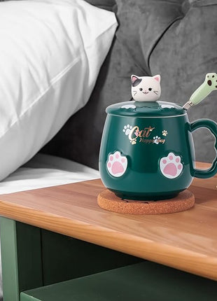 Bgbg Cat Mug Cute Ceramic Coffee Cup with Lovely Kitty Lid, Kawaii Claw Spoon, Anime Coaster, Novelty Things Birthday Christmas Mug Gift for Cat Lovers 400ML