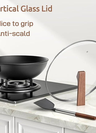 Carbon Steel Wok - Including Glass Cover and Silicone Spatula, 13-Inch Woks & Stir-Fry Pans for Induction, Electric, Gas Stoves