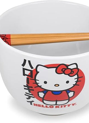 Silver Buffalo Sanrio Hello Kitty Japanese Ceramic Ramen Noodle Rice Bowl with Chopsticks, Microwave Safe, 20 Ounces