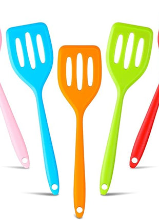 5 Pack Small Silicone Spatula Mini Rubber Turner High Heat Resistant Slotted Egg Fish Spatula Flipper Small Pancake Turner Mini Serving Cooking Kitchen Utensils (Red Blue Green Orange Pink)