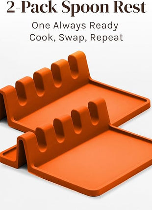 Orange Silicone Spoon Rest for Stove Top with Drip Pad (Two Pack) - Heat Resistant BPA Free Utensil Rest & Spoon Holder for Kitchen Counter - Grill Utensil Holder - Spatula Holder, Tongs, Ladle