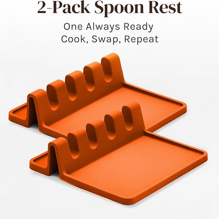 Orange Silicone Spoon Rest for Stove Top with Drip Pad (Two Pack) - Heat Resistant BPA Free Utensil Rest & Spoon Holder for Kitchen Counter - Grill Utensil Holder - Spatula Holder, Tongs, Ladle