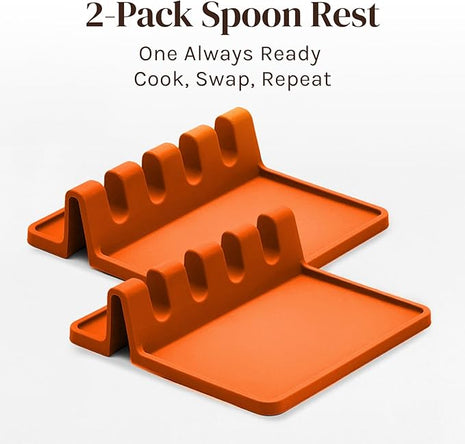 Orange Silicone Spoon Rest for Stove Top with Drip Pad (Two Pack) - Heat Resistant BPA Free Utensil Rest & Spoon Holder for Kitchen Counter - Grill Utensil Holder - Spatula Holder, Tongs, Ladle