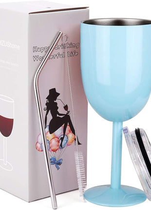 AMZUShome Stainless Steel Wine Glasses Cups.Double Walled Vacuum Insulated Wine Tumbler With Lid and Straw.Friendship,Christmas,Birthday Gifts for Women Men Friends Dad Mom(10oz Light Blue)