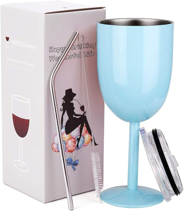 AMZUShome Stainless Steel Wine Glasses Cups.Double Walled Vacuum Insulated Wine Tumbler With Lid and Straw.Friendship,Christmas,Birthday Gifts for Women Men Friends Dad Mom(10oz Light Blue)