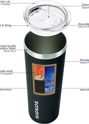 BJPKPK Black Skinny Stainless Steel Tumblers 20 oz Slim Insulated Reusable Coffee Travel Water Tumbler Cup With Lid