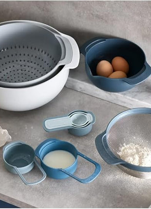 Joseph Joseph 9 Nesting Set with Mixing Bowls Measuring Cups Sieve Colander, 9-Piece, Sky