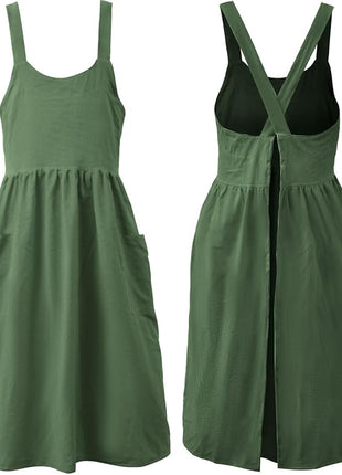 Uaussi Cotton Linen Apron Cross Back Work Apron for Women with Pockets Pinafore Dress X Cross Halter Apron for Chef Gardening