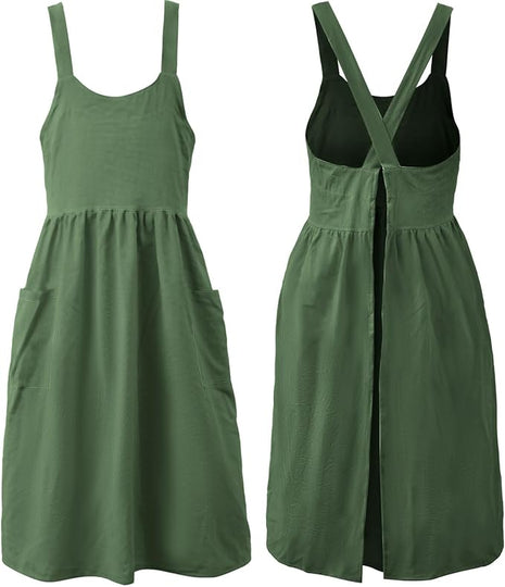 Uaussi Cotton Linen Apron Cross Back Work Apron for Women with Pockets Pinafore Dress X Cross Halter Apron for Chef Gardening