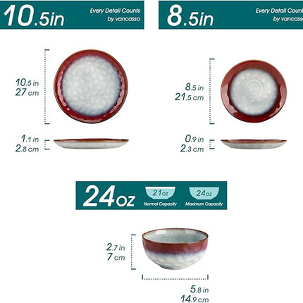 vancasso Starry Dinnerware Set for 4, Handmade Reactive Glaze Stoneware 12 Pieces Plates and Bowls Sets, Dishwasher and Microwave Safe Dish Set, Red