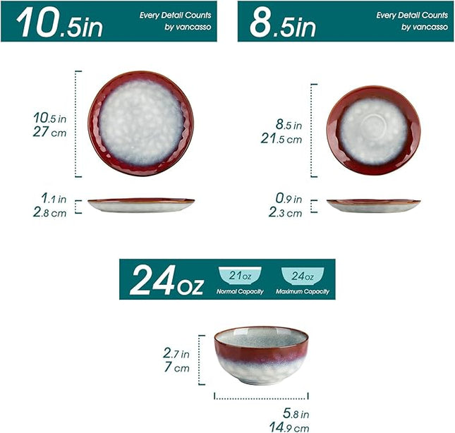 vancasso Starry Dinnerware Set for 4, Handmade Reactive Glaze Stoneware 12 Pieces Plates and Bowls Sets, Dishwasher and Microwave Safe Dish Set, Red