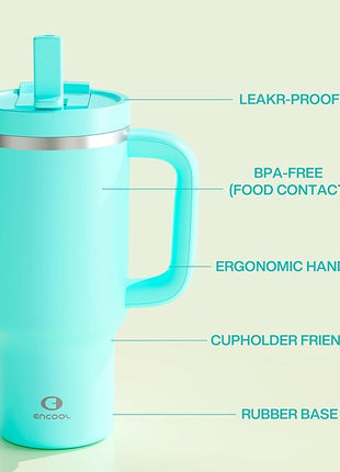 32 oz Tumbler with Handle and Straw: Stainless Steel Insulated Tumbler Keeps Cold for 24 Hours, Leakproof Travel Cup Fits in Cup Holder and BPA-Free,Aquamarine Blue