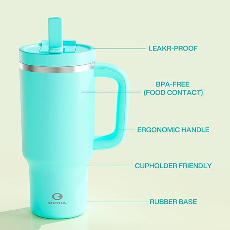 32 oz Tumbler with Handle and Straw: Stainless Steel Insulated Tumbler Keeps Cold for 24 Hours, Leakproof Travel Cup Fits in Cup Holder and BPA-Free,Aquamarine Blue