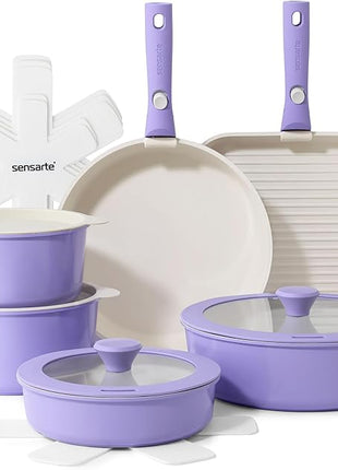 SENSARTE 17 Piece Ceramic Pots and Pans Set, Nonstick Detachable Handle Cookware, Induction Kitchen Cookware Set with Removable Handle, Dishwasher ＆ Oven Safe (Purple)