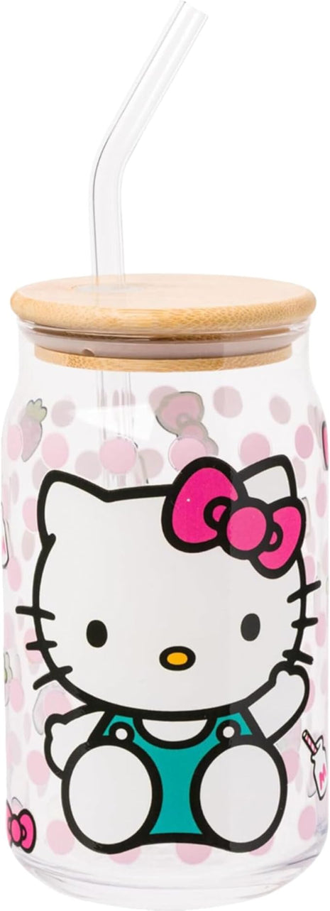 Silver Buffalo Sanrio Hello Kitty Strawberry Milk Bow Pink Polka Dot Glass Jar Tumbler with Bamboo Lid and Glass Straw, 16 Ounces