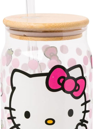 Silver Buffalo Sanrio Hello Kitty Strawberry Milk Bow Pink Polka Dot Glass Jar Tumbler with Bamboo Lid and Glass Straw, 16 Ounces (Pack of 12)