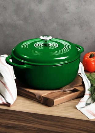 Lodge 6 Quart Enameled Cast Iron Dutch Oven with Lid – Dual Handles – Oven Safe up to 500° F or on Stovetop - Use to Marinate, Cook, Bake, Refrigerate and Serve – Evergreen