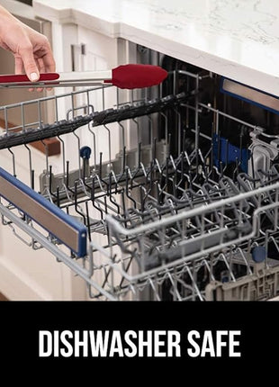 GORILLA GRIP Stainless Steel Heat Resistant Kitchen Tongs for Cooking, Set of 2 BBQ Tong, Non Scratch Silicone Tip for Pans, Strong Grip, Grab Food, Toss Salad, Air Fryer, Pull Lock, 7 + 9 Inch, Red