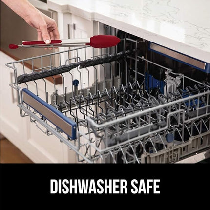 GORILLA GRIP Stainless Steel Heat Resistant Kitchen Tongs for Cooking, Set of 2 BBQ Tong, Non Scratch Silicone Tip for Pans, Strong Grip, Grab Food, Toss Salad, Air Fryer, Pull Lock, 7 + 9 Inch, Red