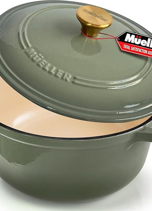 MUELLER HOME 4.5 Quart Enameled Cast Iron Dutch Oven For Sourdough Bread Baking, Heavy-Duty, Oven-Safe up to 500° F & Across All Cooktops, Casserole Dishes, Green Kitchen Accessories, Thyme Green