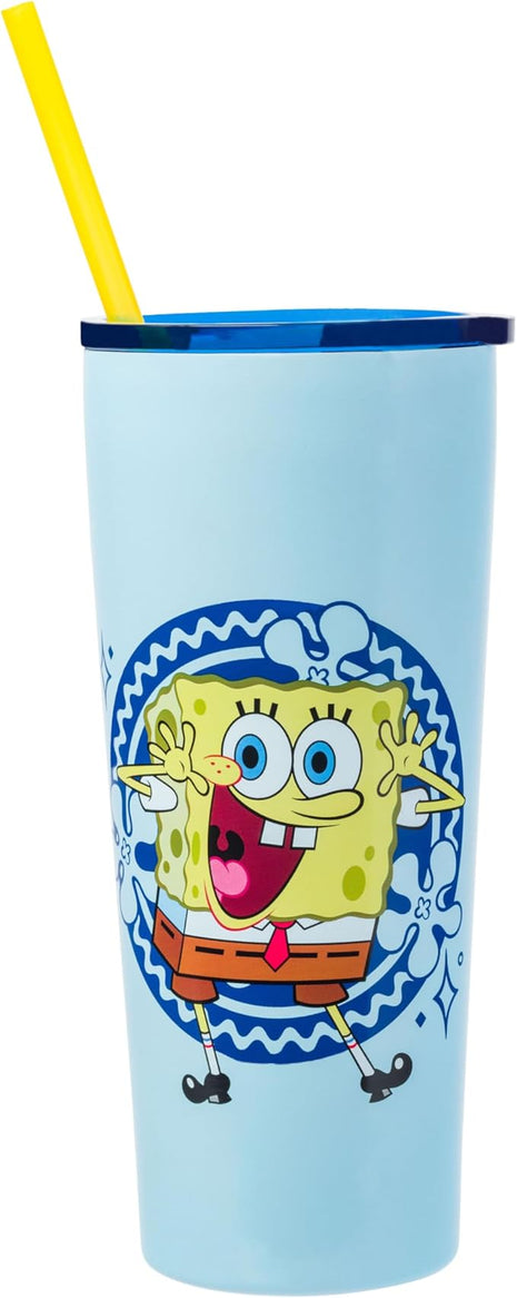 Silver Buffalo Spongebob Squarepants Happy Jazz Hands Double Walled Stainless Steel Tumbler with Straw, 22 Ounces