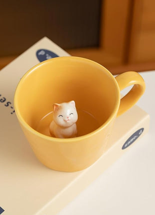 DIHOclub Cat Coffee Cup Hidden Ceramic Animal Inside Mug,Cute Cartoon Handmade Figurine Mugs,Holiday and Birthday Gift for Coffee Milk Tea Lovers,12 Oz(yellow)
