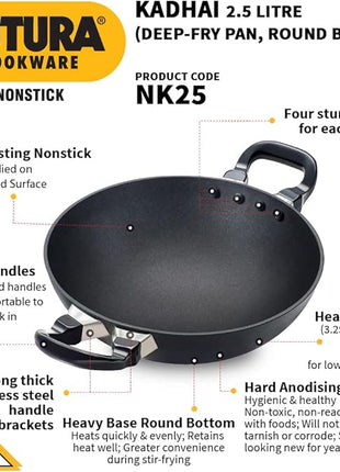 Hawkins Futura 2.5 Litre Deep Fry Pan, Non Stick Kadai, Round Bottom Kadhai, Black (NK25)