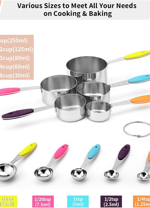 Joyhill Stainless Steel Measuring Cups and Spoons Set of 10 Piece, Nesting Metal Measuring Cups Set with Soft Touch Silicone Handles for Dry and Liquid Ingredients, Cooking & Baking (Colorful)