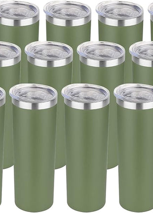 HASLE OUTFITTERS 20 oz Skinny Tumblers Bulk Set, Stainless Steel Insulated Slim Tumblers with Lids, Reusable Double Wall Travel Coffee Mugs, Durable Powder Coated Travel Water Cups(Army Green, 12)