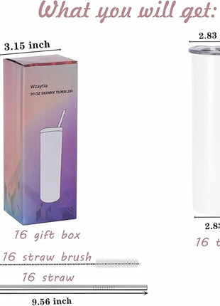 16 Pack 20 Oz Straight Skinny Tumblers,Individually Gift Boxed Stainless Steel Slim Skinny Tumbler Set Bulk, 20 Oz Insulated Slim Thin Travel Tumbler Cup for Diy, White