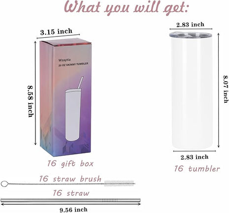 16 Pack 20 Oz Straight Skinny Tumblers,Individually Gift Boxed Stainless Steel Slim Skinny Tumbler Set Bulk, 20 Oz Insulated Slim Thin Travel Tumbler Cup for Diy, White