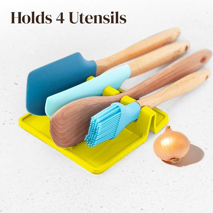 Yellow Silicone Spoon Rest for Stove Top with Drip Pad (Two Pack) - Heat Resistant BPA Free Utensil Rest & Spoon Holder for Kitchen Counter - Grill Utensil Holder - Spatula Holder, Tongs, Ladle