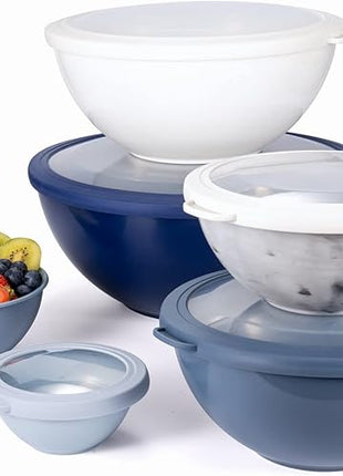 COOK WITH COLOR Mixing Bowls with TPR Lids - 12 Piece Plastic Nesting Bowls Set includes 6 Prep Bowls and 6 Lids, Microwave Safe Mixing Bowl Set (Blue and White)
