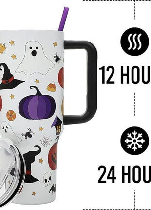 Bioworld Halloween Scary Icons 40 Oz Vacuum Insulated White Stainless Steel Tumbler with Handle & Leak-Proof Lid, Double-Wall Design for Hot or Cold Drinks